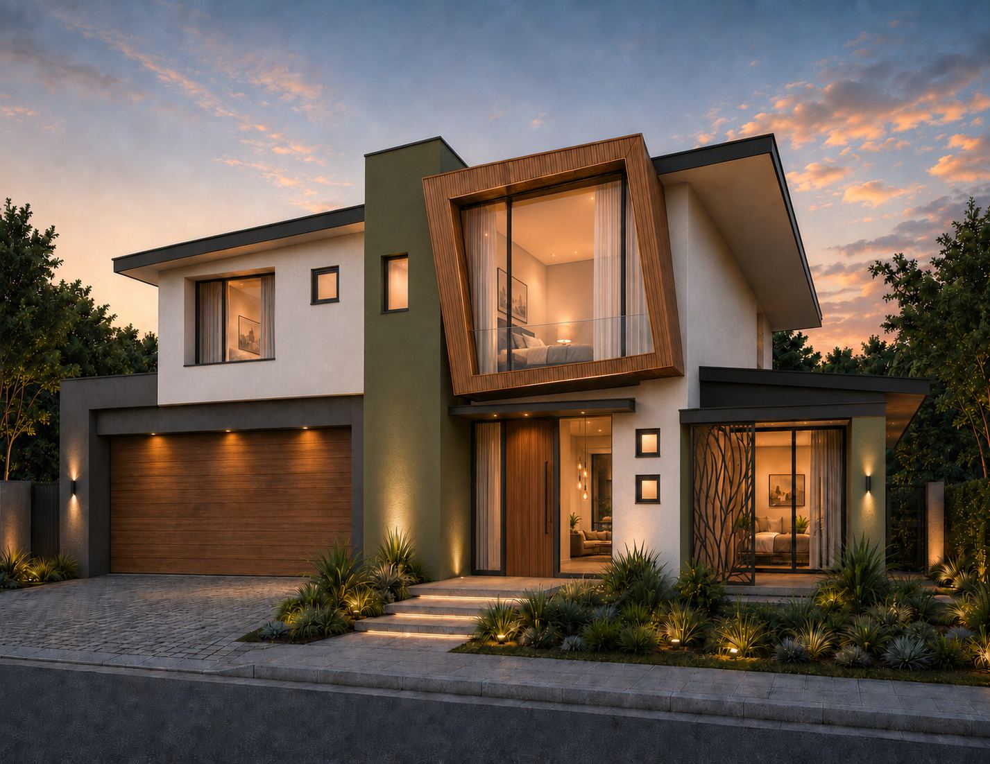 Concept visualisation of a two-storey home with a timber-clad upper volume